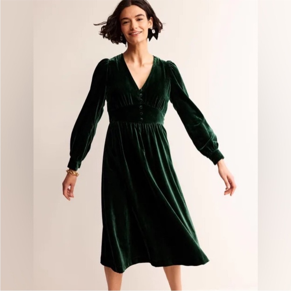 NWOT Boden Elise Velvet Midi Dress 4P Petite Long Sleeve Dark Green Emerald
